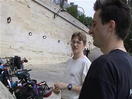 Oliver and Tao chat with Gavin and Luke on the banks of the River Seine in Paris, near Pont des Arts